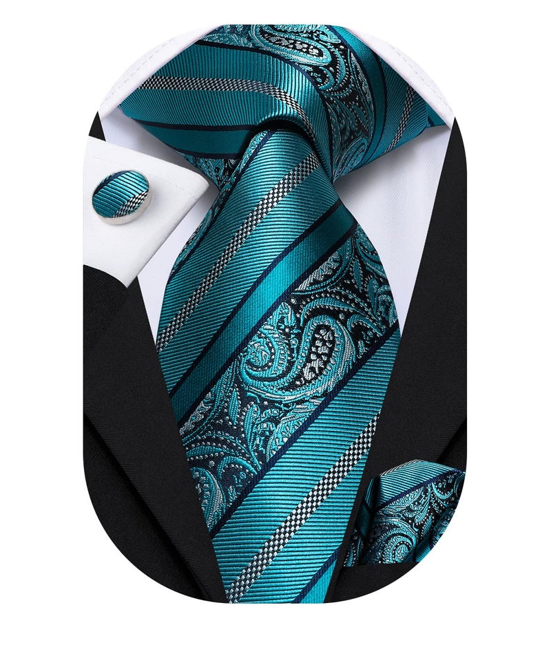 Hi-Tie Men 63inches Tie Set Extra Long Necktie Paisley Tie Pocket Suqare Cufflinks Big and Tall Men Tie,Teal - Image 1